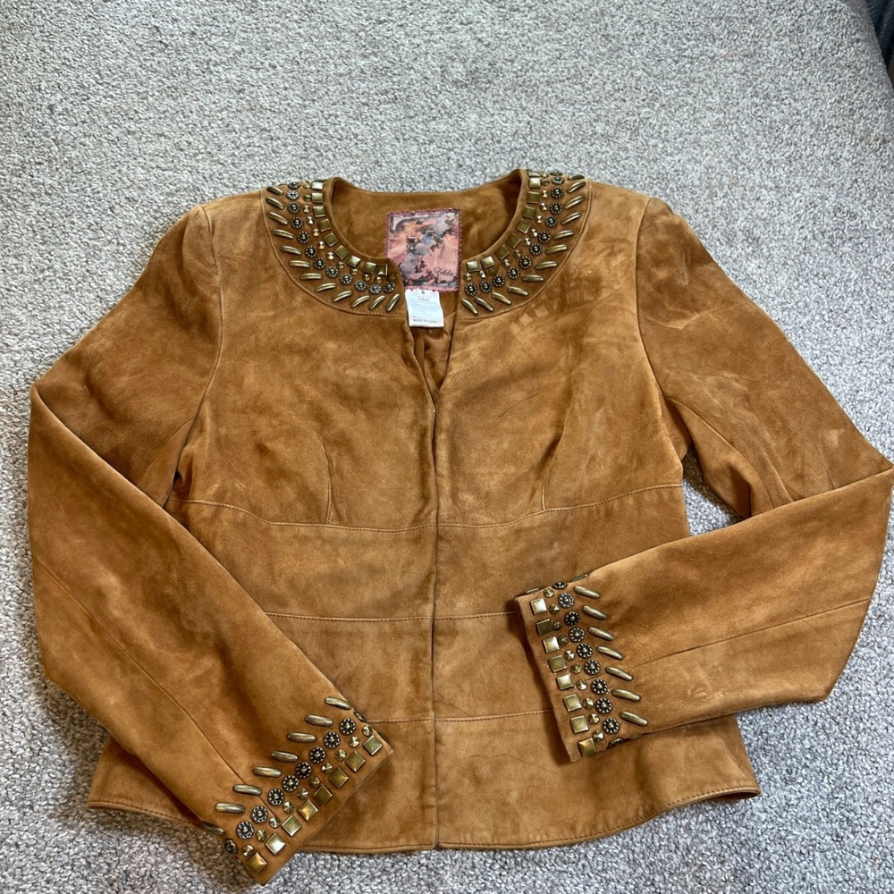 vtg y2k western suede Jacket Womens 8 Brown Studded Moto Coat zelda boho edgy